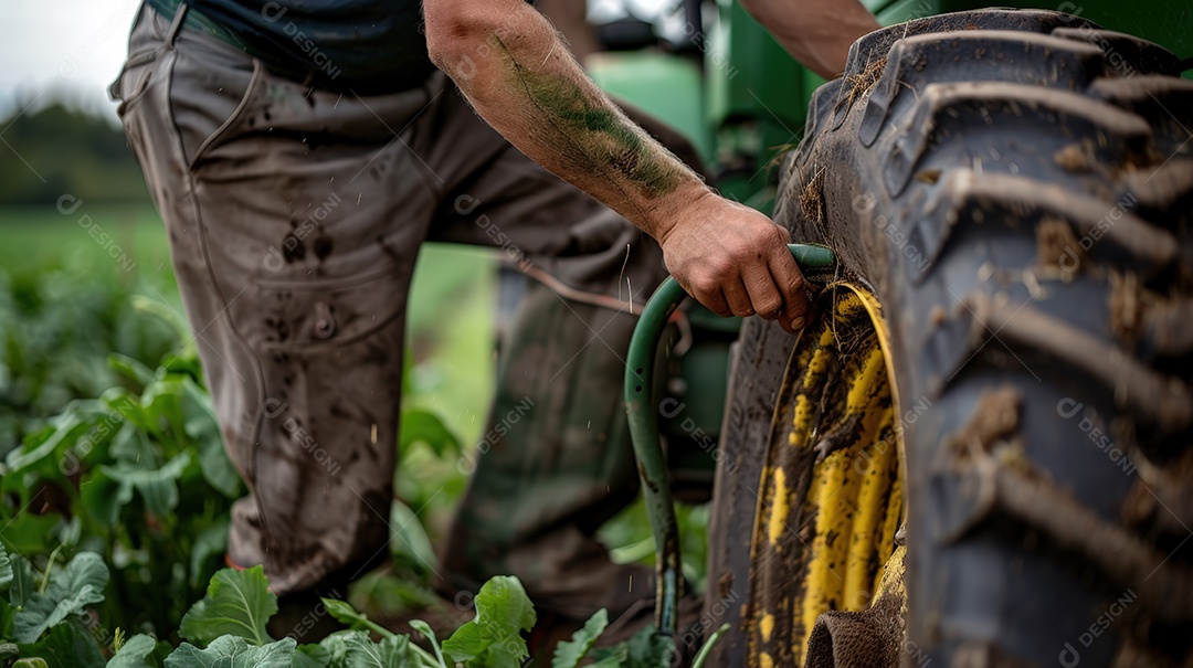 Agricultor que repara a roda do trator de colheita