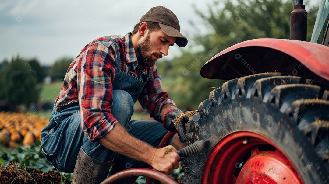 Agricultor que repara a roda do trator de colheita