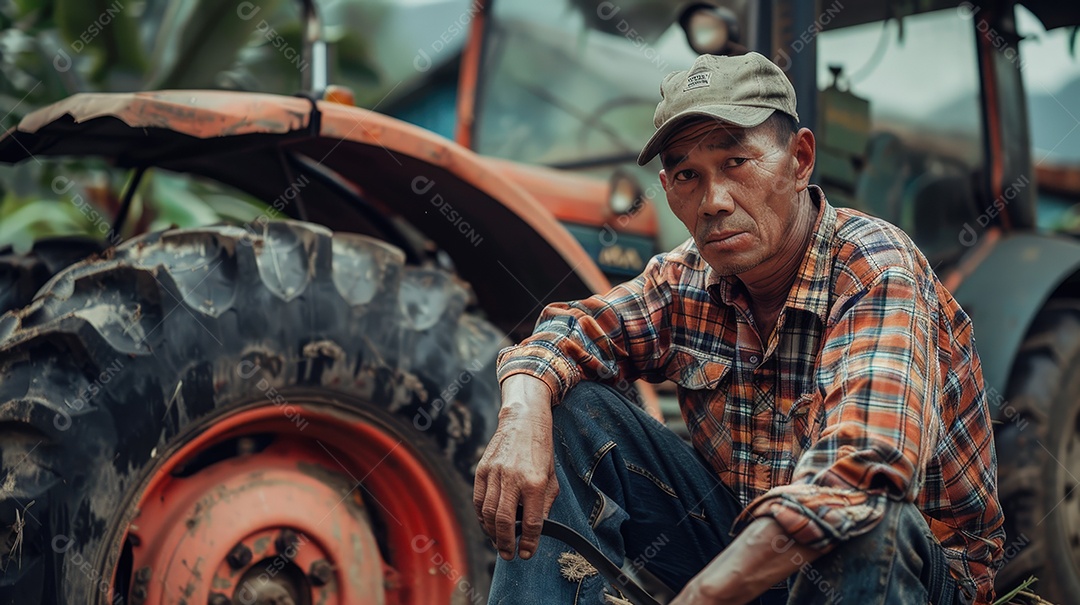 Agricultor que repara a roda do trator de colheita