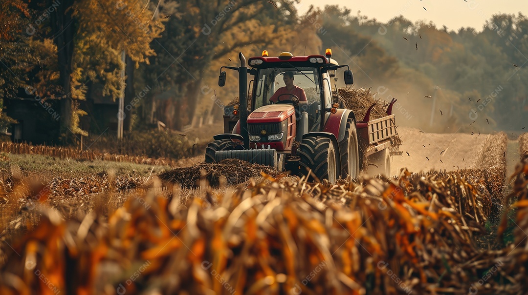 Colheita de trator e agricultor em trator coletando vegetais na fazenda