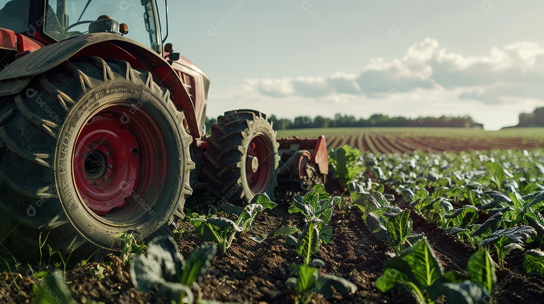 Colheita de trator e agricultor coletando vegetais na fazenda