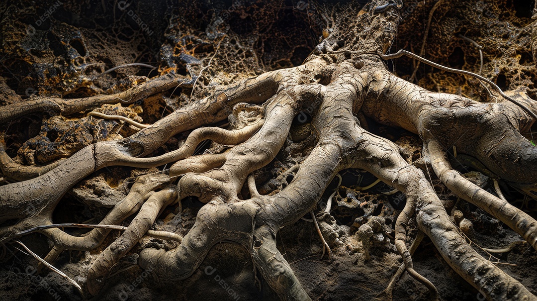 Profundas raízes na terra de uma árvore grande
