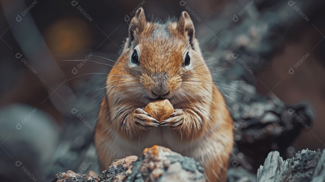 Esquilo mongol comendo castanha no chão