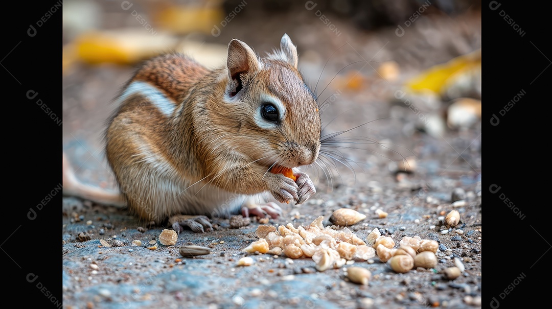 Um esquilo mongol comendo no chão em detalhes