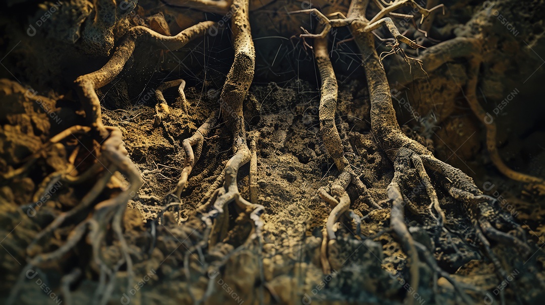 Raízes de árvores e rede complexa de micorrizas sistema de absorção de água