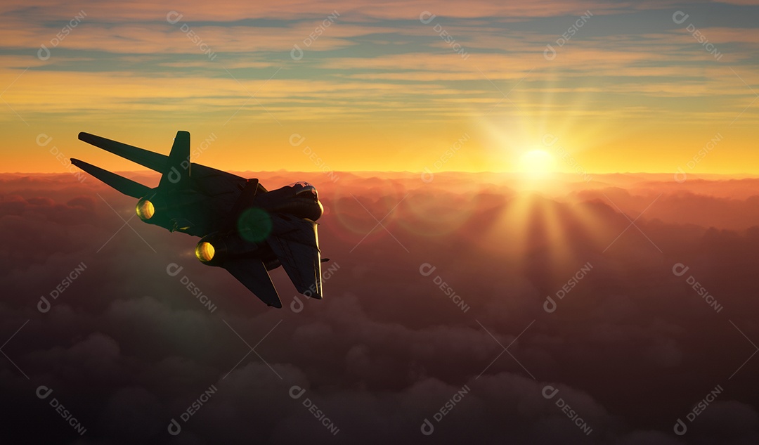 Silhueta do caça sobrevoando pelo céu