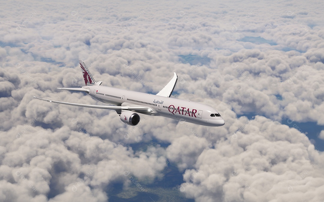 Avião da qatar sobrevoando pelo céu