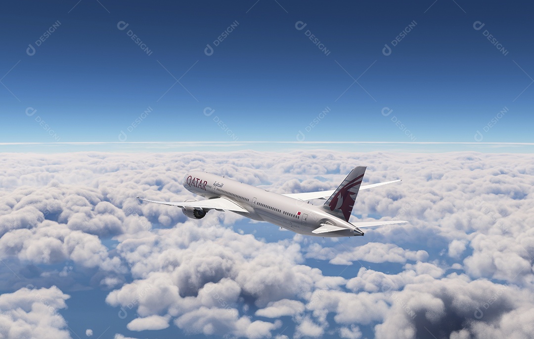 Avião da qatar sobrevoando pelo céu