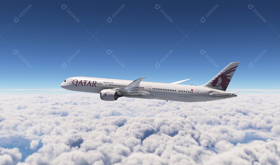 Avião da qatar sobrevoando pelo céu