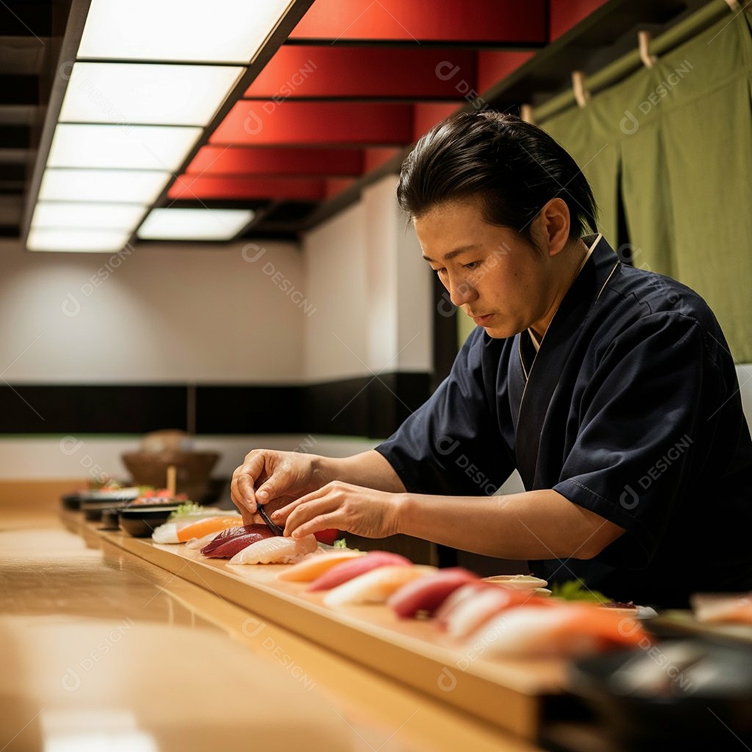 Restaurante japonês chefe em preparo de comida