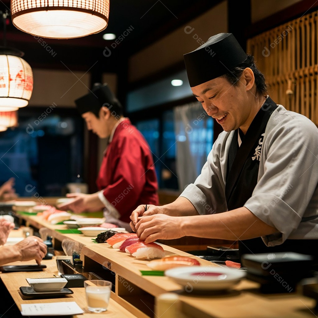 Restaurante japonês chefe em preparo de comida