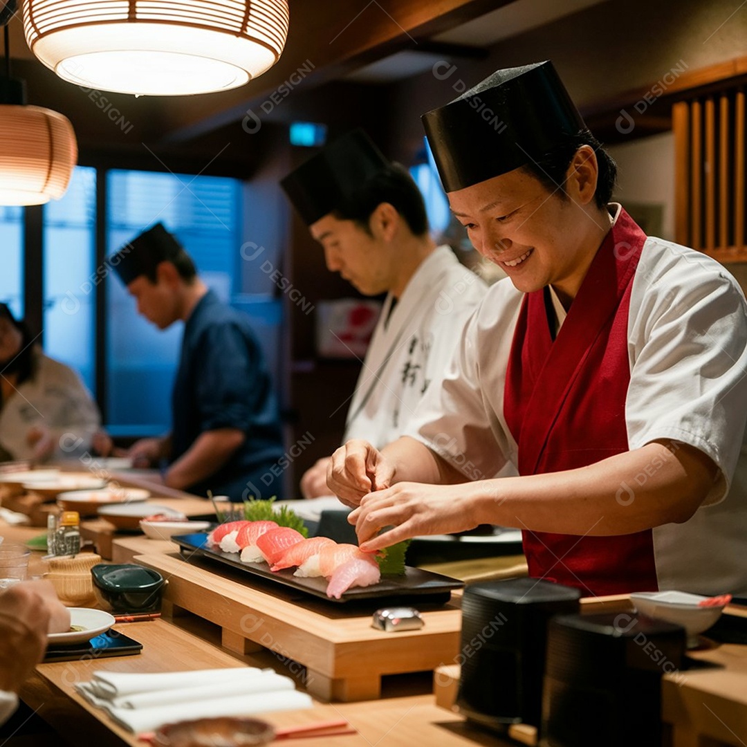 Restaurante japonês chefe em preparo de comida