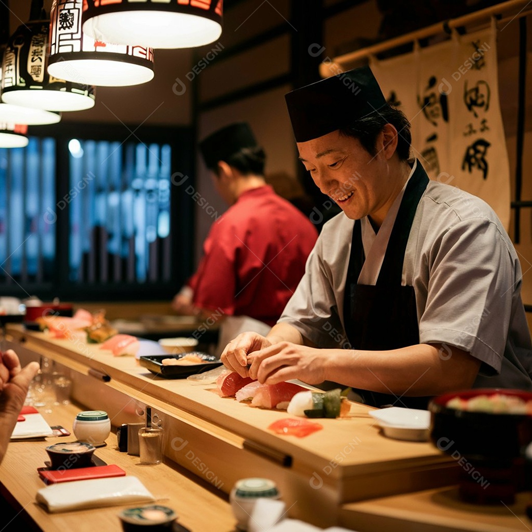 Restaurante japonês chefe em preparo de comida