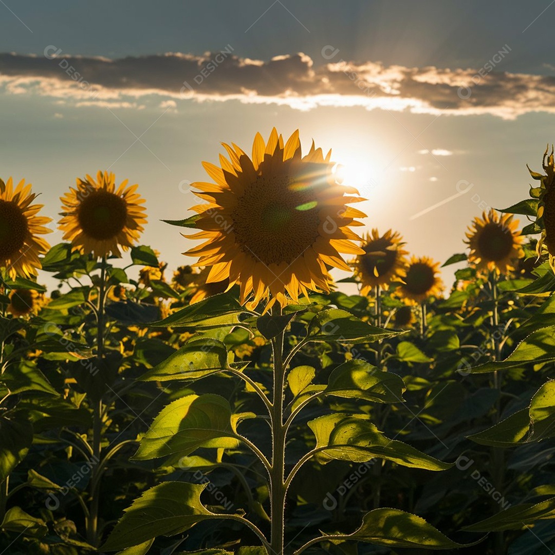 Plantação de girassol em um dia ensolarado