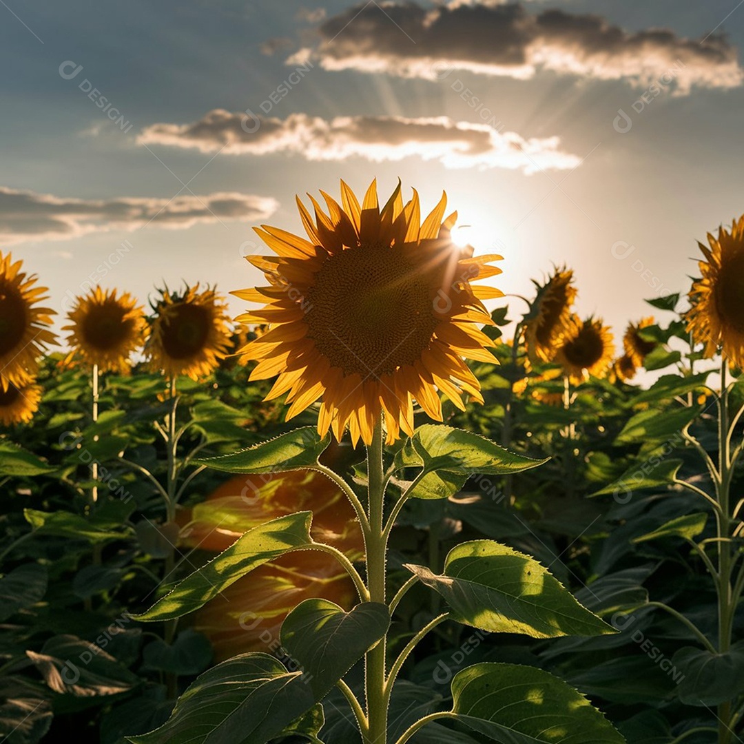 Plantação de girassol em uma tarde ensolarada