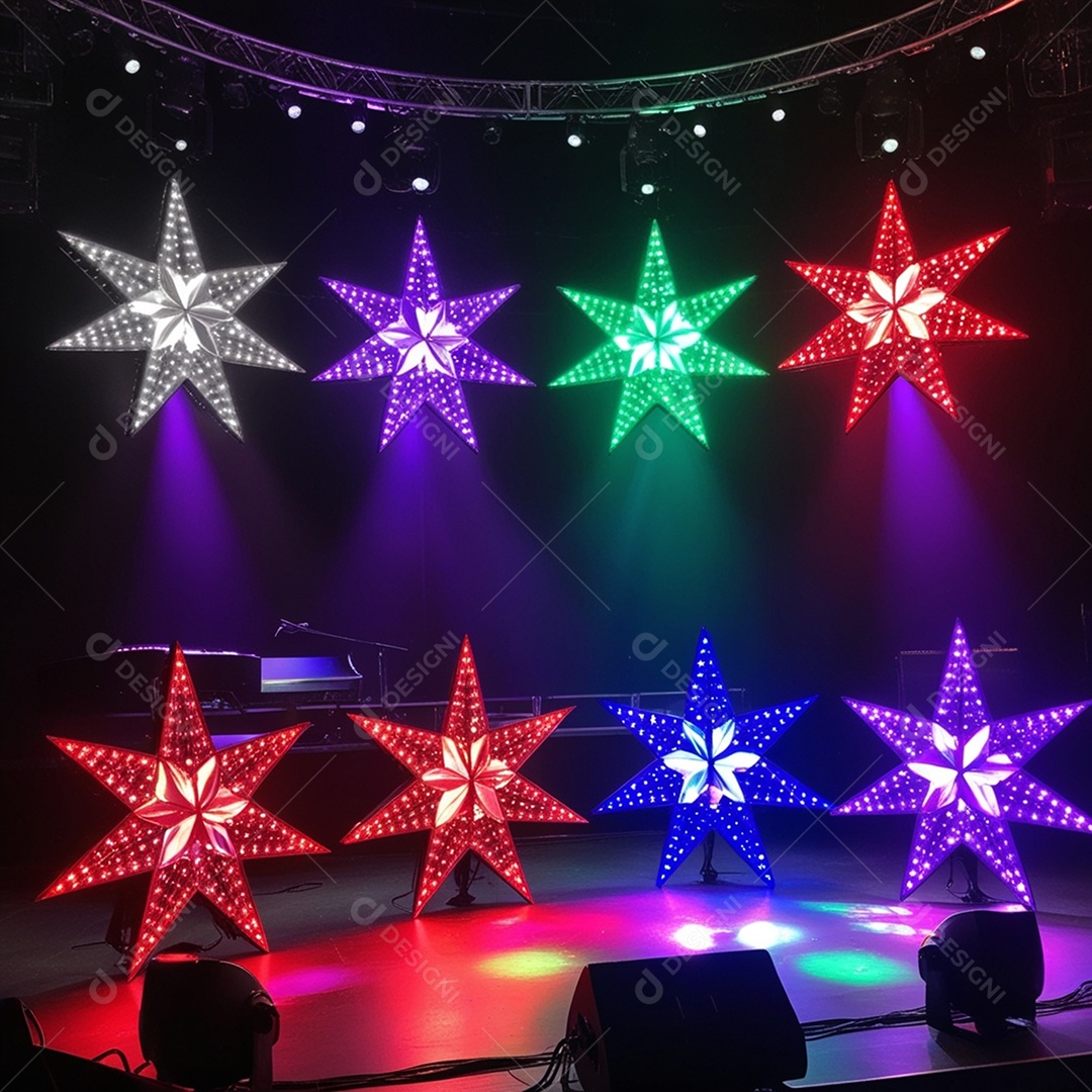 Palco com estrelas coloridas e refletores