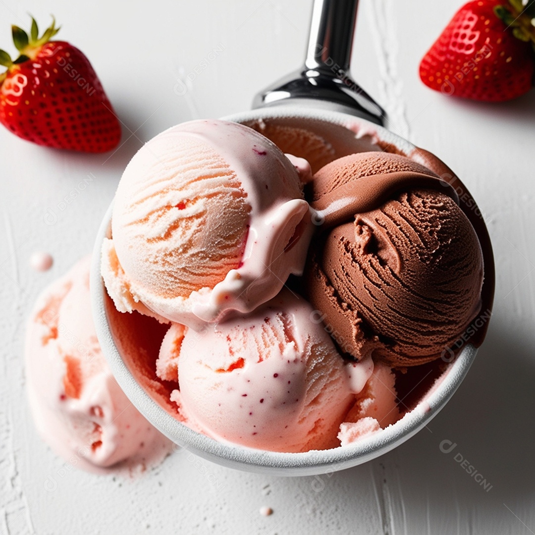 Tigela com sorvete napolitano e morangos