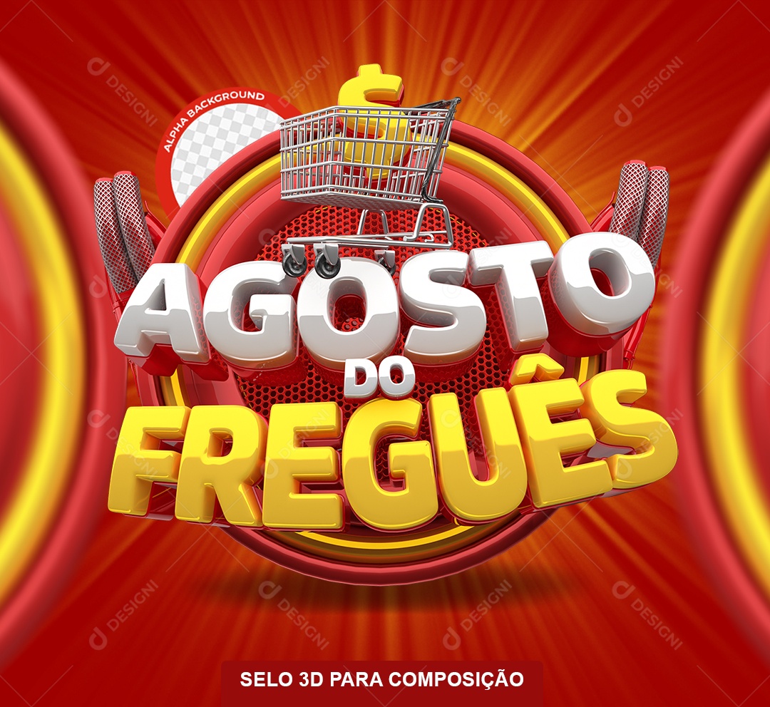 Selo 3D Agosto do Freguês Amarelo e Vermelho para Composição PSD
