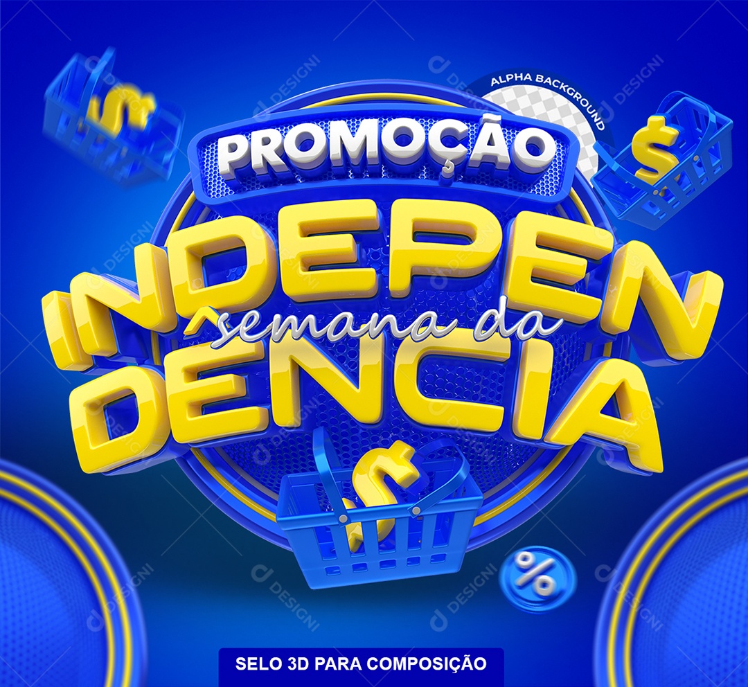 Selo 3D Promoção Semana da Independência Azul e Amarelo para Composição PSD