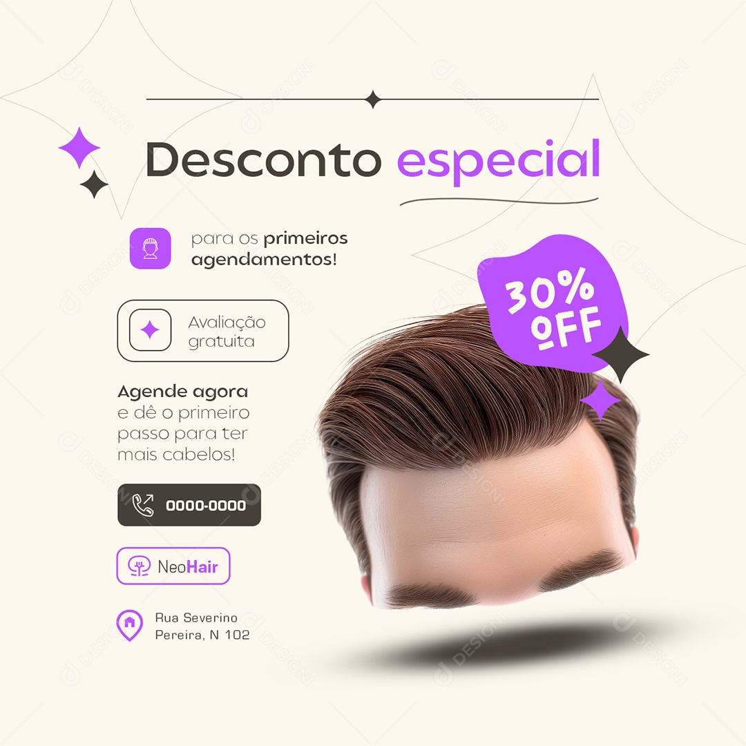 Implante Capilar Desconto Especial 30% Off Social Media PSD Editável