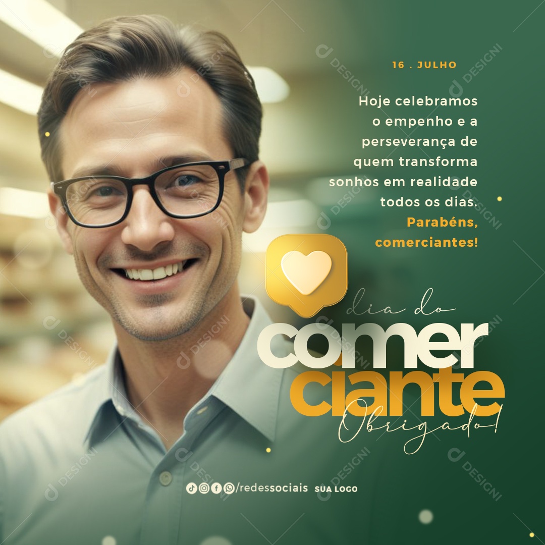 Dia do Comerciante 16 de Julho Parabéns Social Media PSD Editável