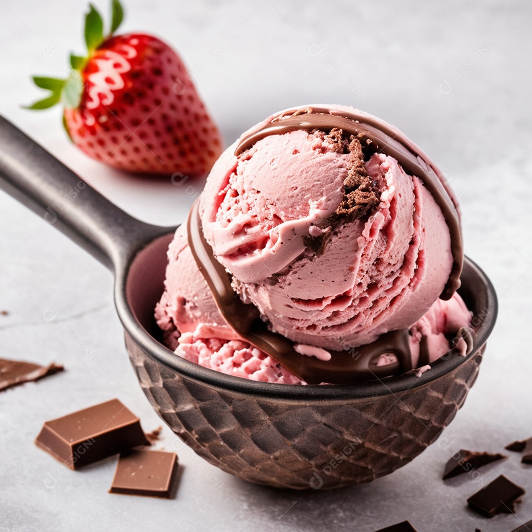 Bolas de sorvete de morango com cobertura de chocolate