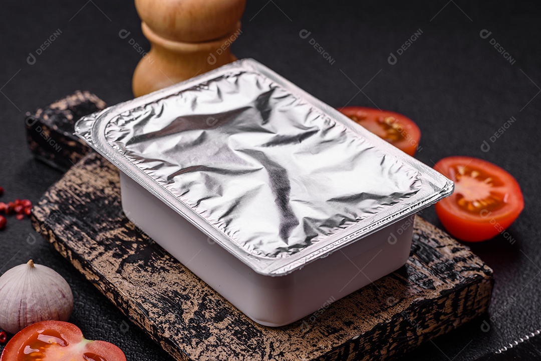 Marmita de comida fechada sobre tábua de madeira