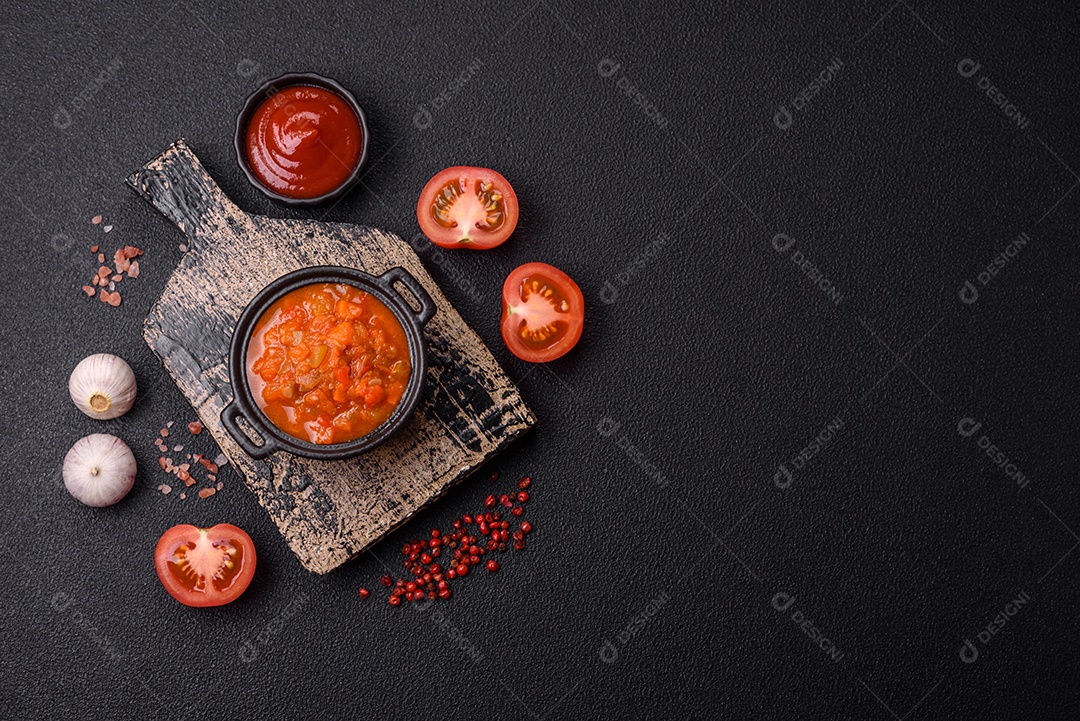 Molho encarnado ou picante com pimenta, tomate, alho, especiarias e ervas em um fundo escuro de concreto