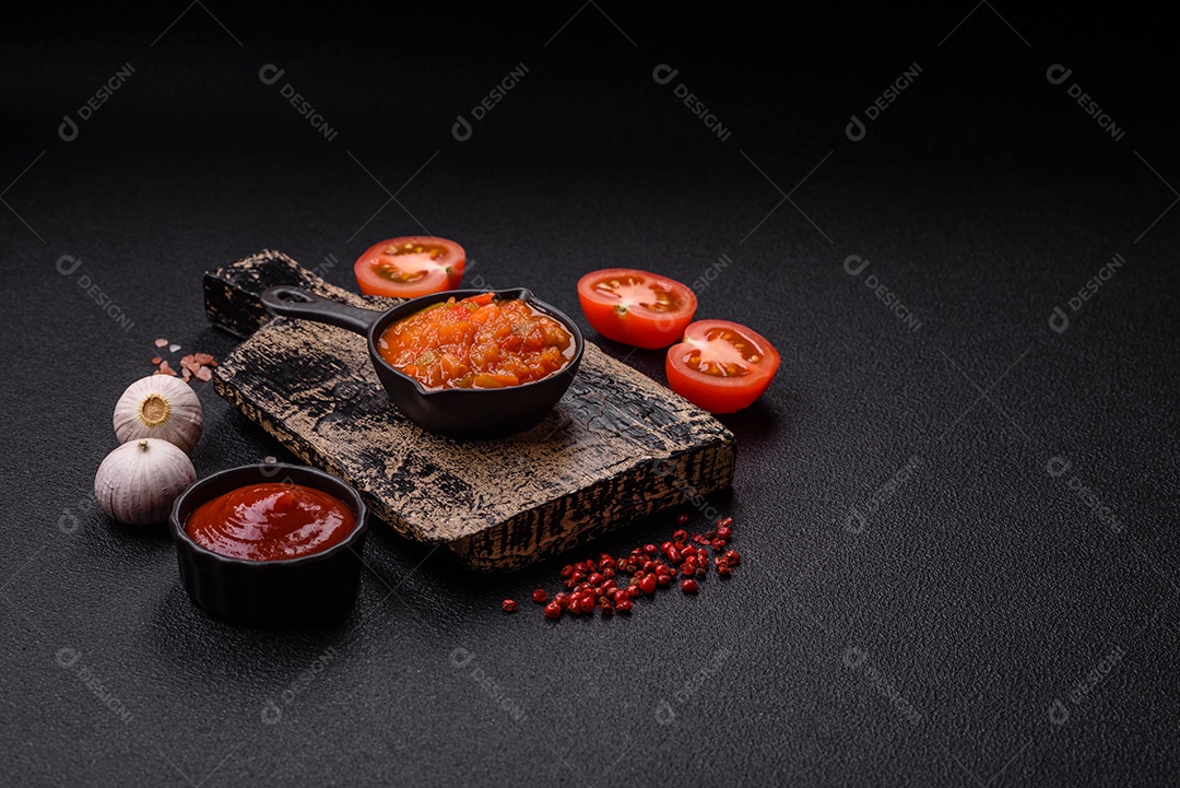 Molho encarnado ou picante com pimenta, tomate, alho, especiarias e ervas em um fundo escuro de concreto