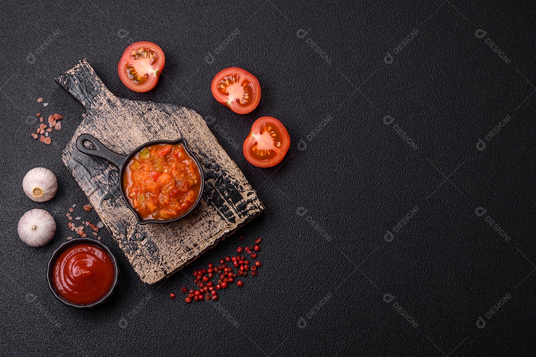 Molho encarnado ou picante com pimenta, tomate, alho, especiarias e ervas em um fundo escuro de concreto