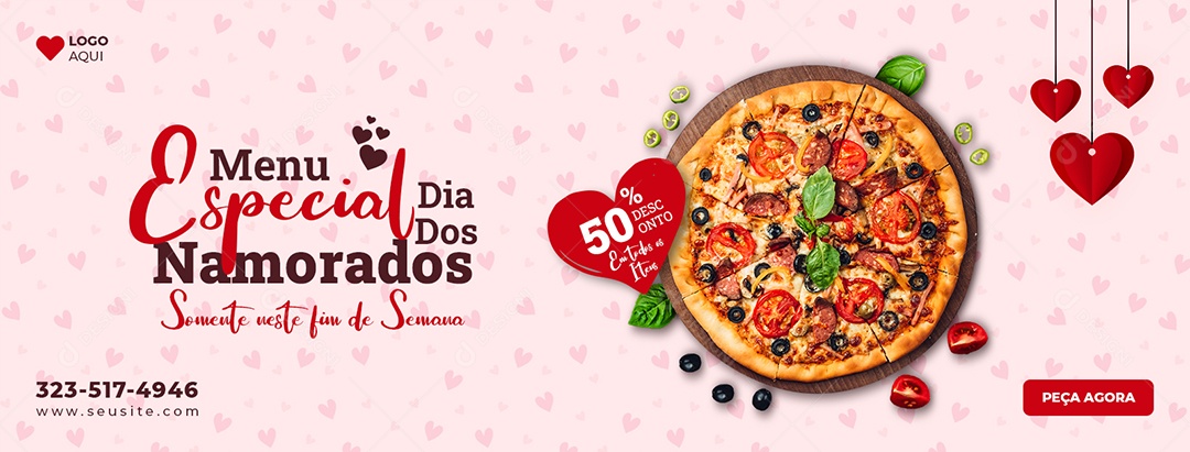 Banner Menu Especial Dia dos Namorados na Pizzaria Social Media PSD Editável