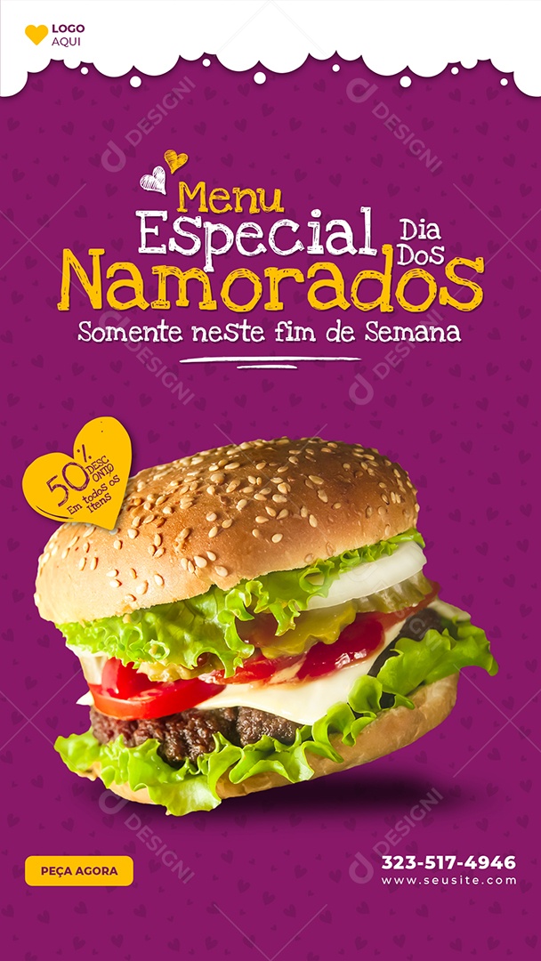 Story Menu Especial Dia dos Namorados Descontos em todos os Hambúrgueres Social Media PSD Editável