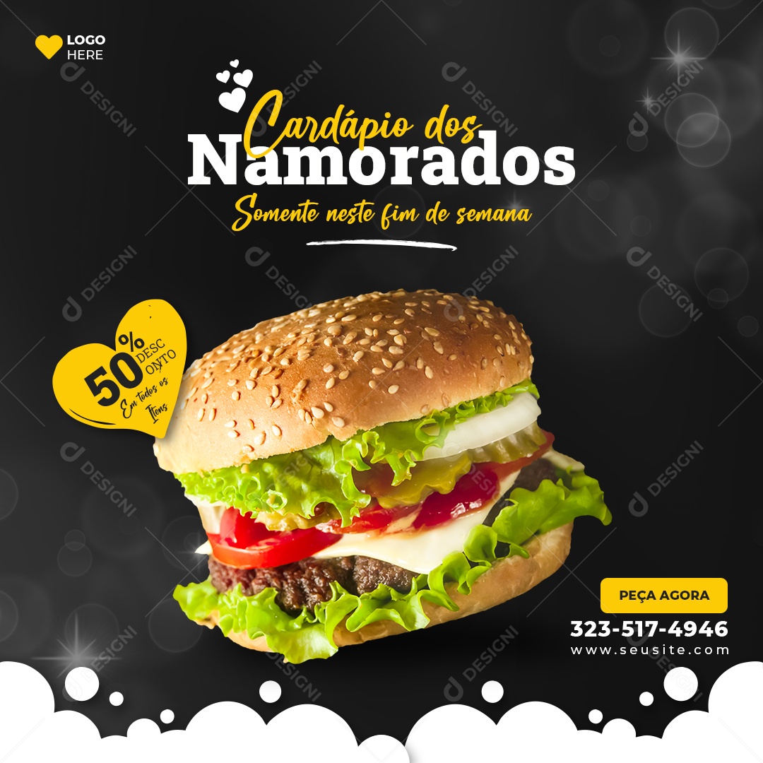 Cardápio dos Namorados na Hamburgueria Media PSD Editável