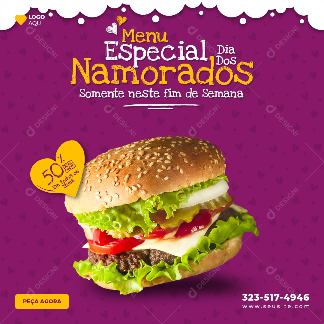 Menu Especial Dia dos Namorados Descontos em todos os Hambúrgueres Social Media PSD Editável