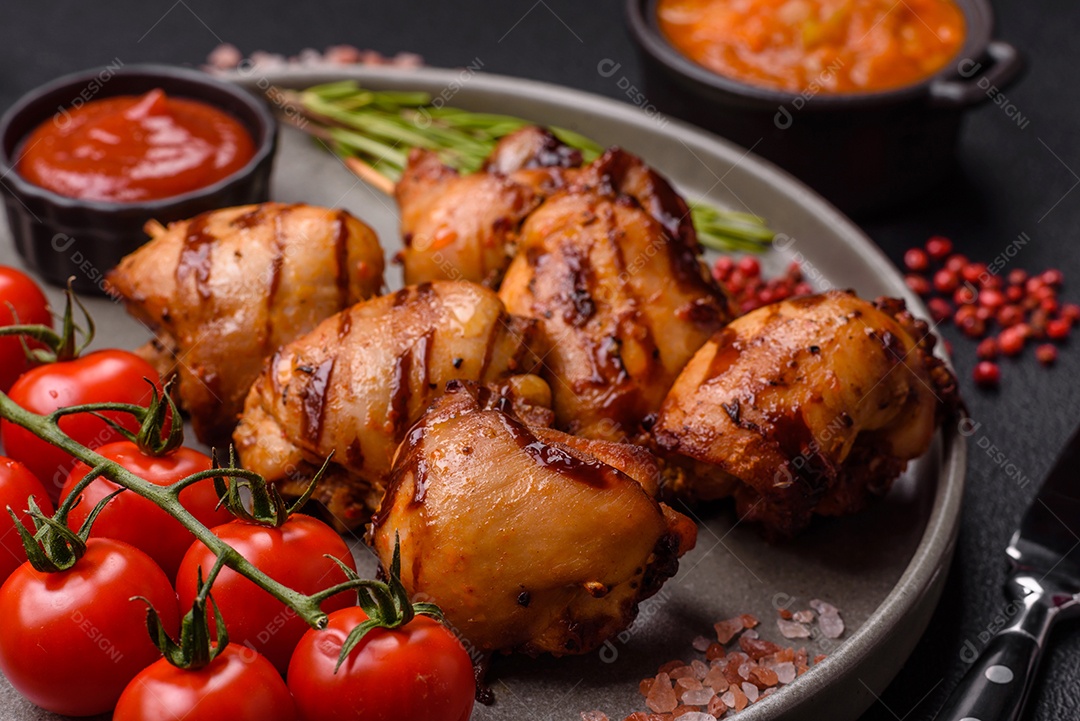 Delicioso frango assado ou espetinho de peru em um espeto com sal e especiarias em um fundo escuro de concreto