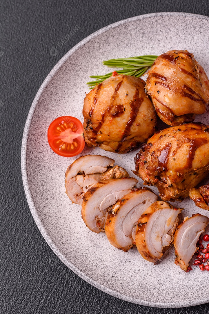 Delicioso frango assado ou espetinho de peru em um espeto com sal e especiarias em um fundo escuro de concreto