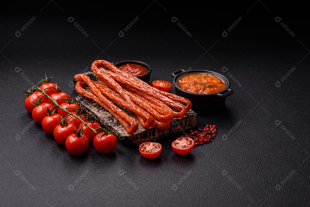 Mini salsichas ou cabanosi defumados com sal e especiarias sobre fundo escuro de concreto