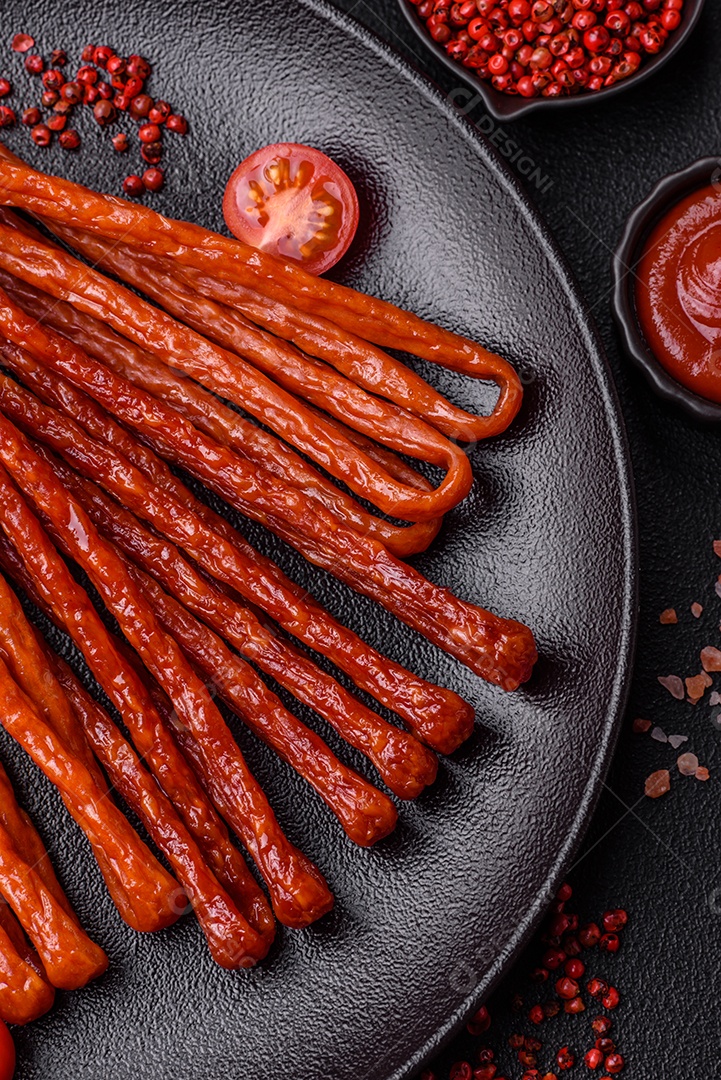 Mini salsichas ou cabanosi defumados com sal e especiarias sobre fundo escuro de concreto