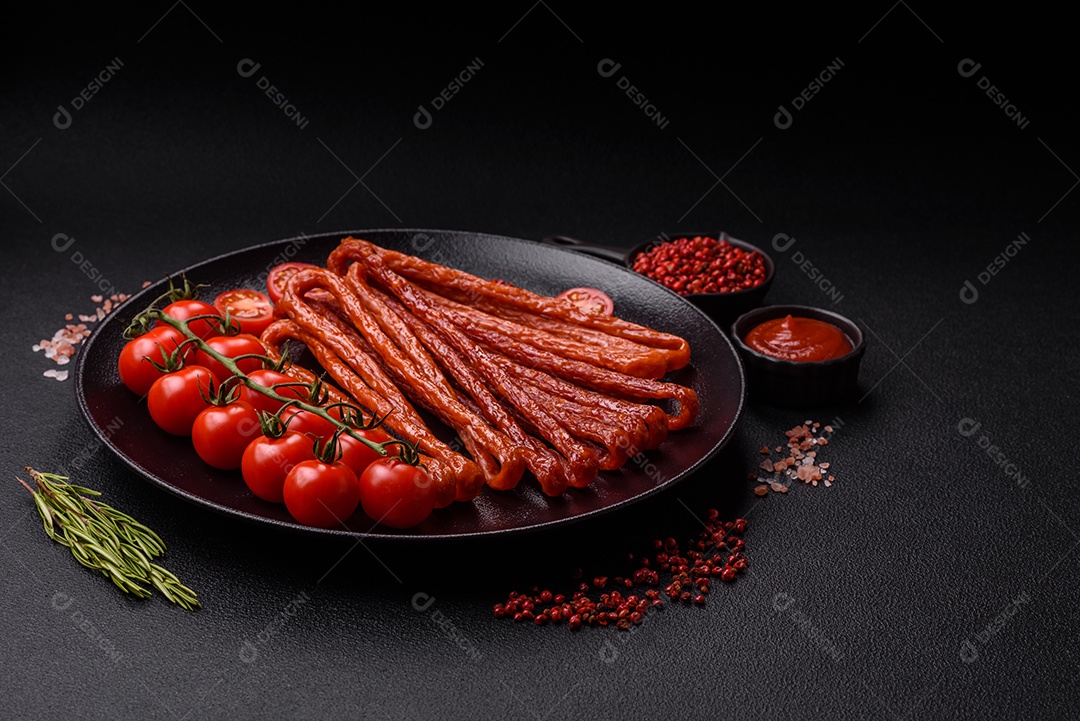 Mini salsichas ou cabanosi defumados com sal e especiarias sobre fundo escuro de concreto