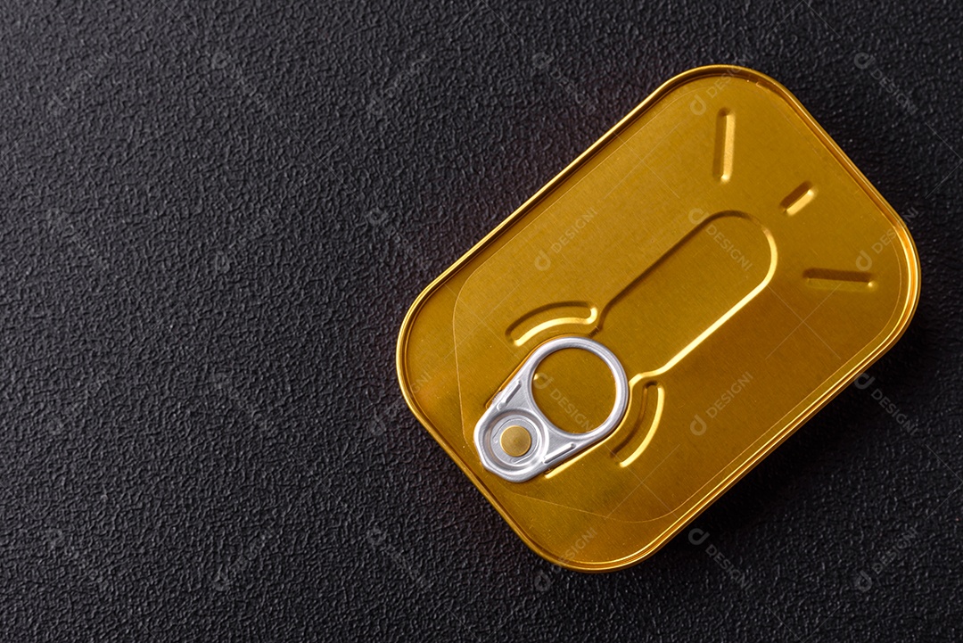 Lata metálica com carne ou peixe enlatado com chave para abri-lo sobre um fundo escuro de concreto