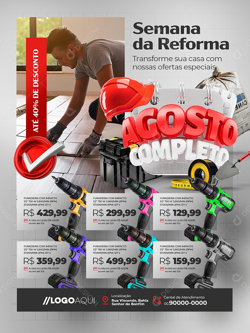 Agosto Completo Materiais de Construção Encarte Furadeira Social Media PSD Editável