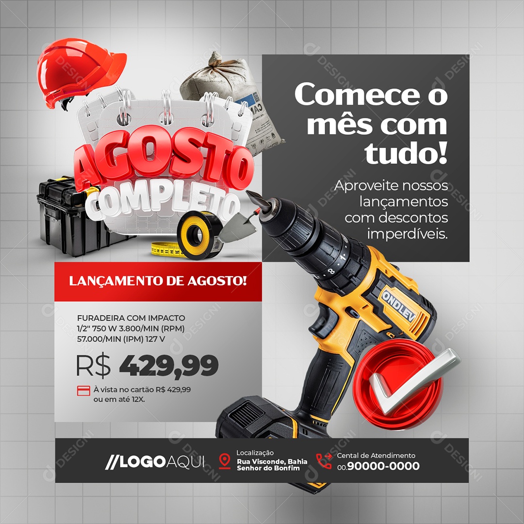 Agosto Completo Materiais de Construção Furadeira Social Media PSD Editável