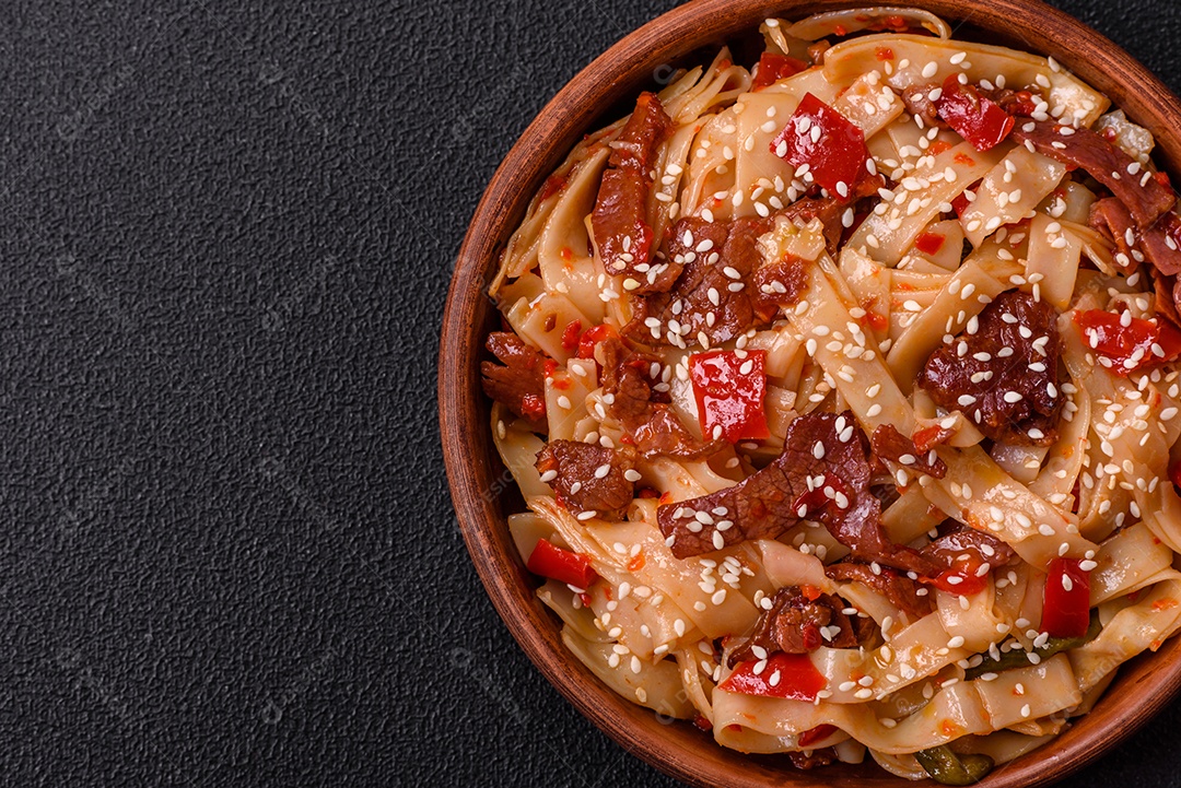 Delicioso prato de udon asiático com legumes, carne, sal e especiarias numa placa cerâmica sobre um fundo escuro de concreto