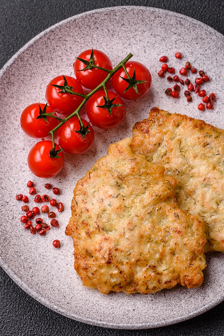 Deliciosas costeletas de porco ou frango fritas à milanesa com sal e especiarias sobre um fundo escuro de concreto