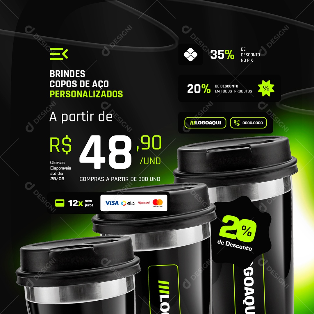 Brindes Copos de Aço Personalizados Social Media PSD Editável