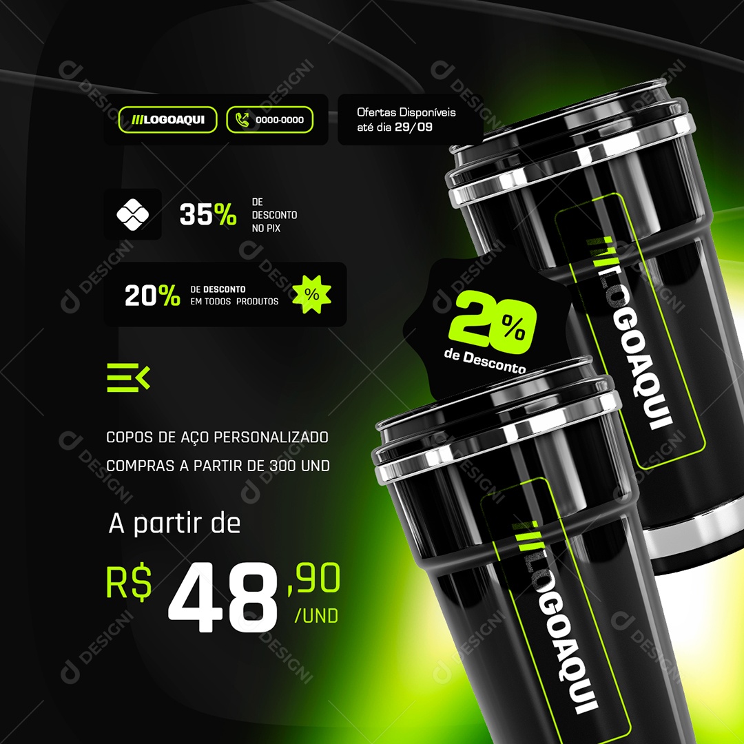 Brindes Copos de Aço Personalizado Social Media PSD Editável