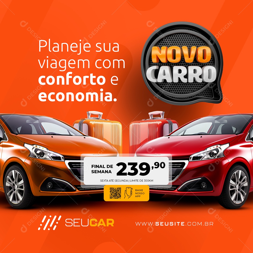 Novo Carro Locadora Planeje sua Viagem Social Media PSD Editável