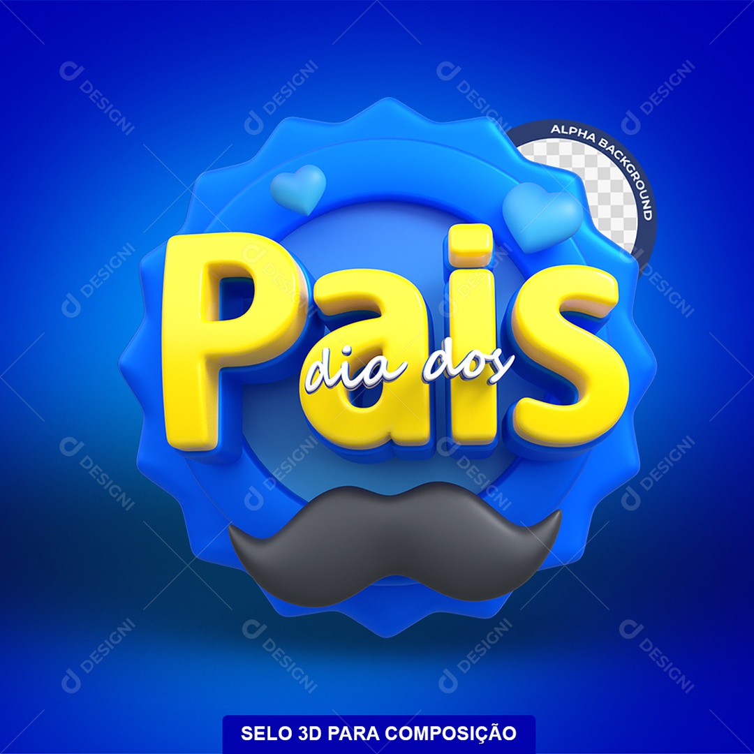 Dia dos Pais Selo 3D Azul Amarelo e Branco para Composição PSD