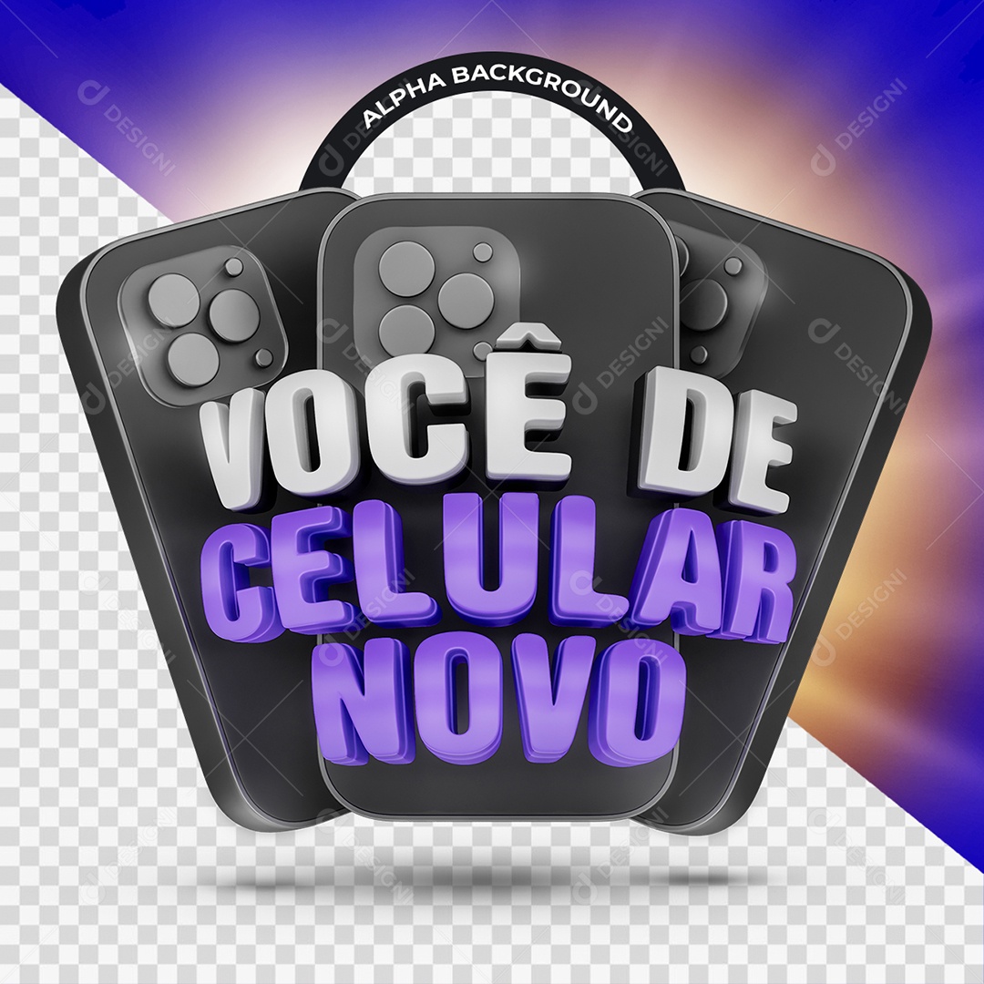 Você de Celular Novo Selo 3D Branco e Roxo para Composição PSD