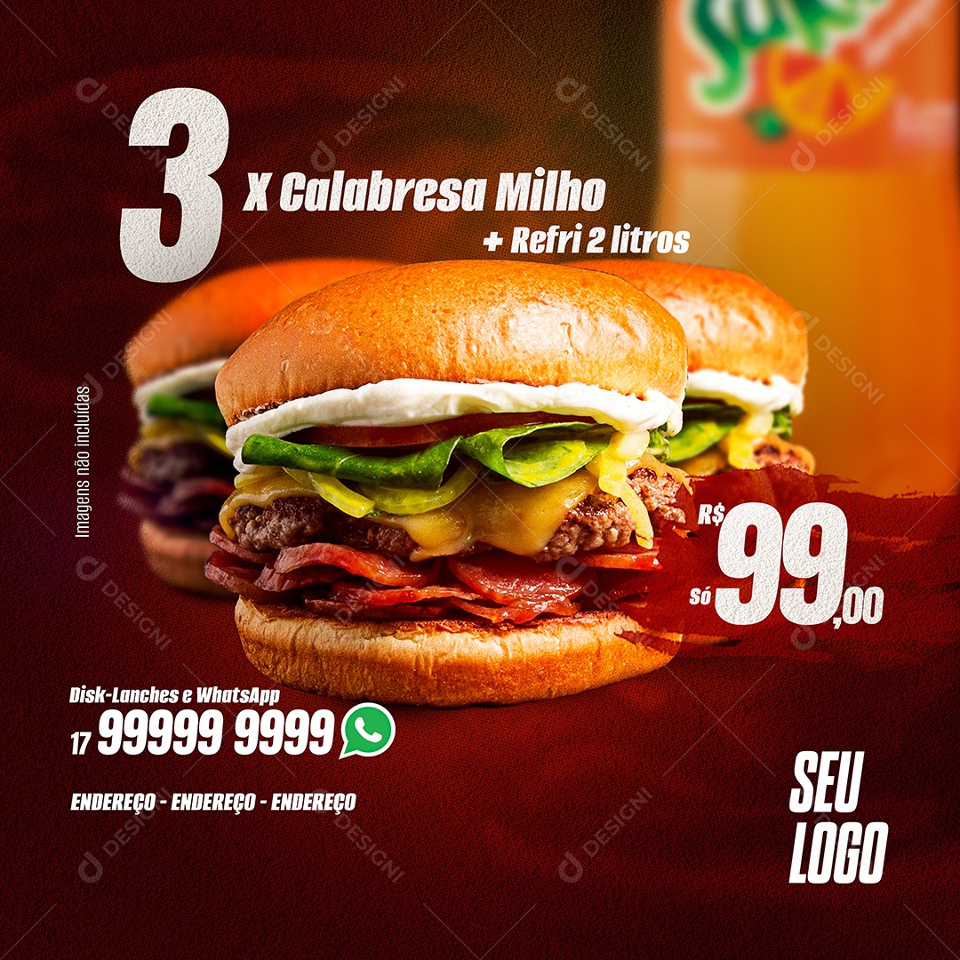 Promoção 3 X Calabresa mais Refrigerante Social Media PSD Editável